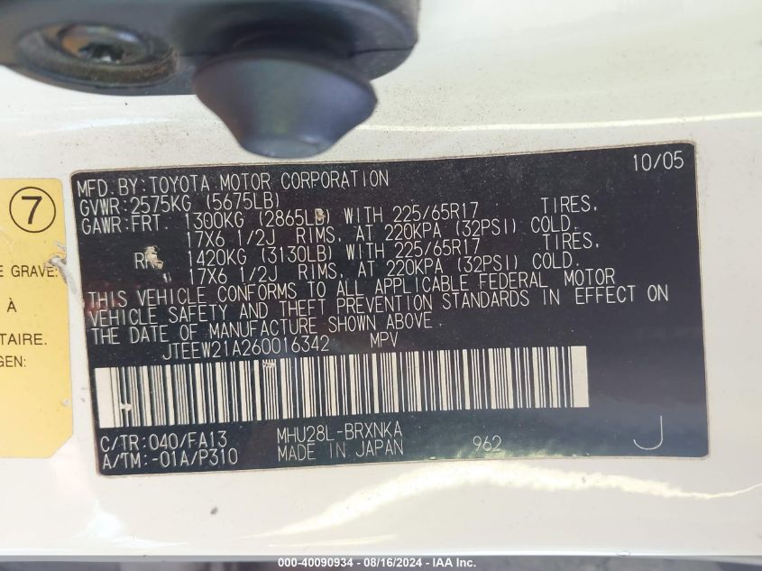 2006 Toyota Highlander Hybrid V6 VIN: JTEEW21A260016342 Lot: 40090934