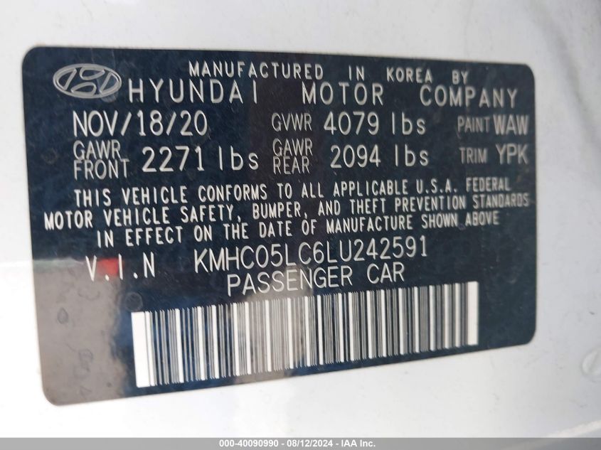 2020 Hyundai Ioniq Hybrid Limited VIN: KMHC05LC6LU242591 Lot: 40090990