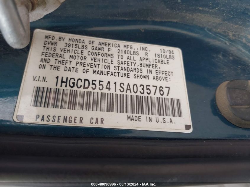 1995 Honda Accord Lx VIN: 1HGCD5541SA035767 Lot: 40090996
