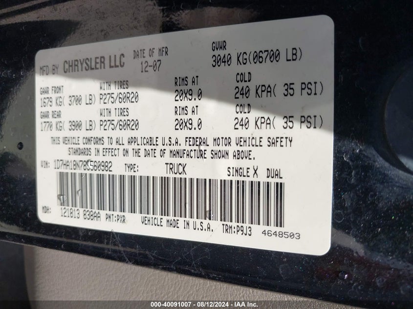 2008 Dodge Ram 1500 Slt VIN: 1D7HA18N78S560982 Lot: 40091007