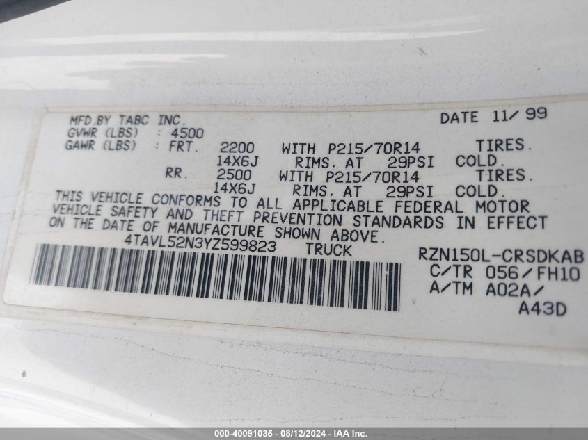 2000 Toyota Tacoma VIN: 4TAVL52N3YZ599823 Lot: 40091035