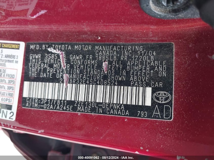 2005 Toyota Corolla Ce/Le/S VIN: 2T1BR32E45C408524 Lot: 40091062