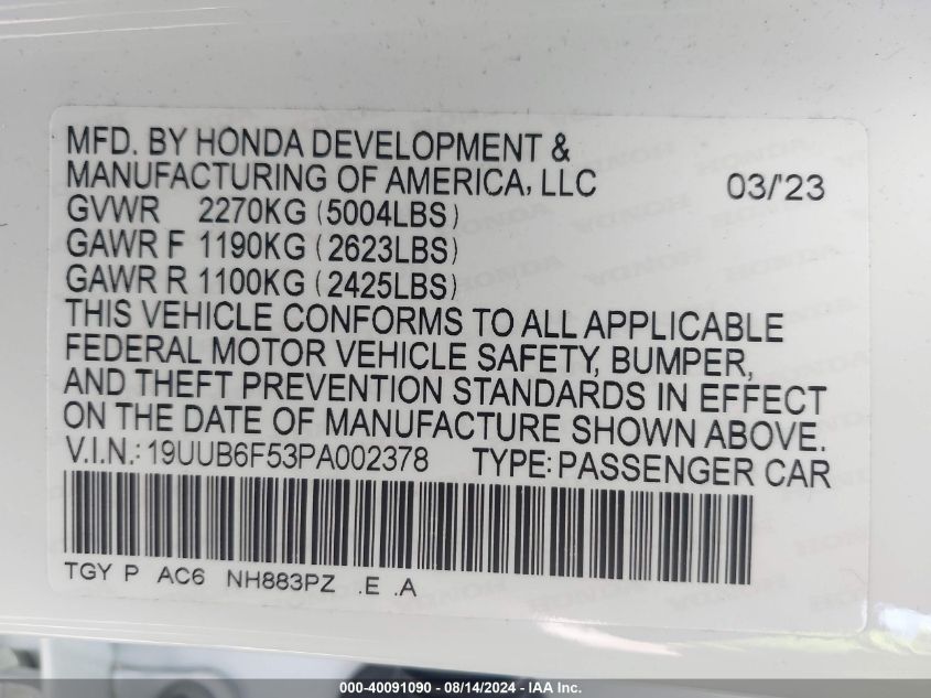 2023 Acura Tlx A-Spec Package VIN: 19UUB6F53PA002378 Lot: 40091090