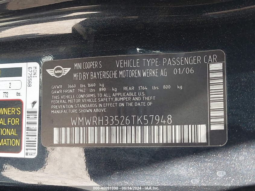 2006 Mini Cooper S VIN: WMWRH33526TK57948 Lot: 40091098