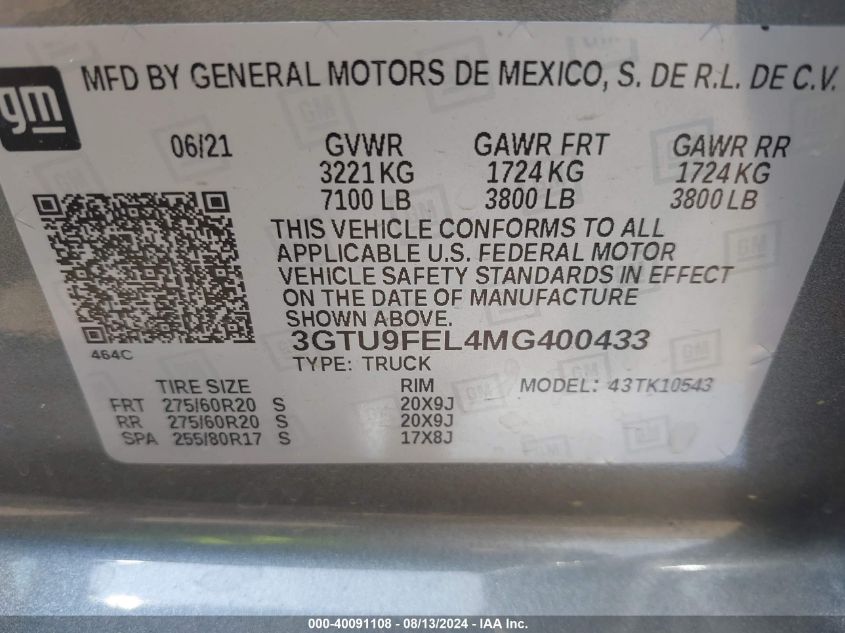 2021 GMC Sierra K1500 Denali VIN: 3GTU9FEL4MG400433 Lot: 40091108