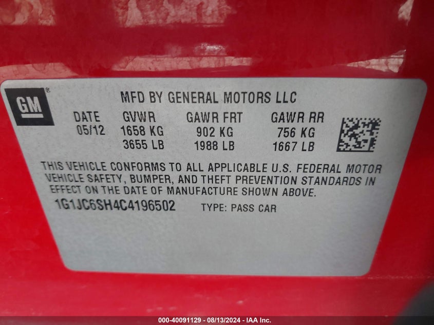 2012 Chevrolet Sonic 2Lt VIN: 1G1JC6SH4C4196502 Lot: 40091129