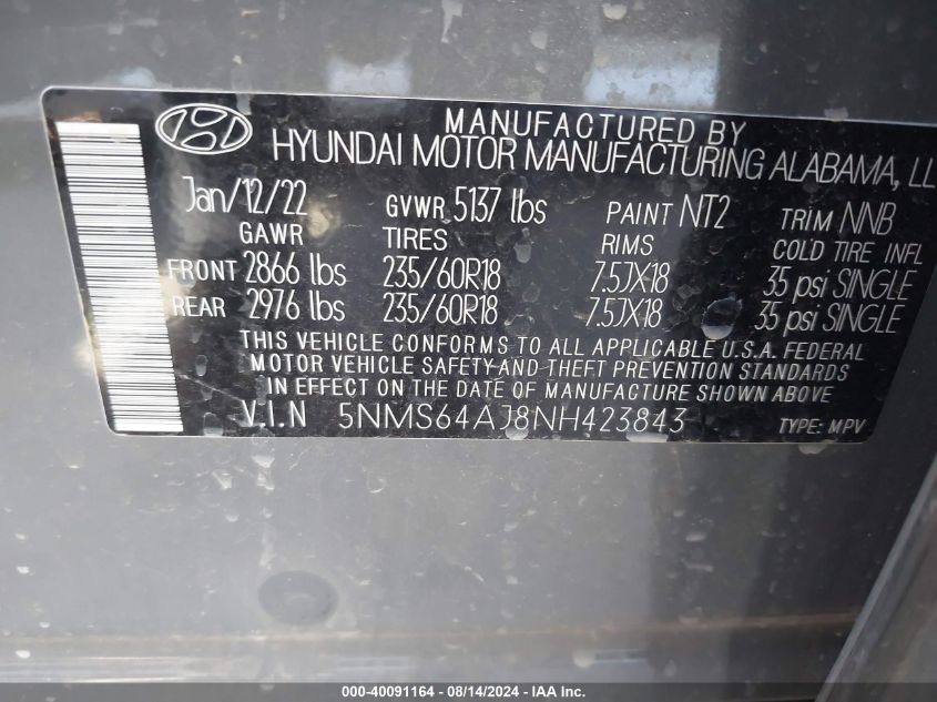 2022 Hyundai Santa Fe Xrt VIN: 5NMS64AJ8NH423843 Lot: 40091164