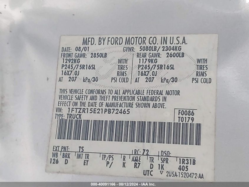 2001 Ford Ranger Edge/Xlt VIN: 1FTZR15E21PB72465 Lot: 40091166