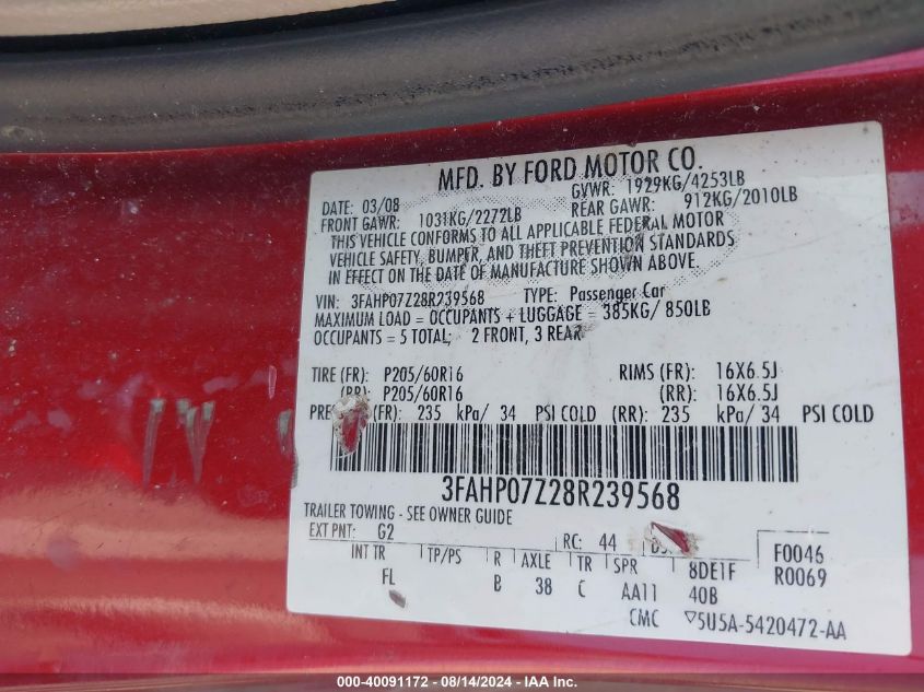 2008 Ford Fusion Se VIN: 3FAHP07Z28R239568 Lot: 40091172