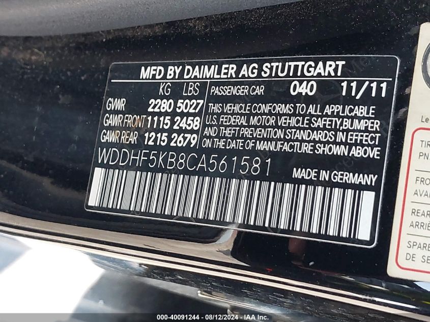 2012 Mercedes-Benz E 350 VIN: WDDHF5KB8CA561581 Lot: 40091244