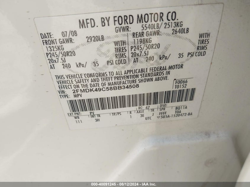 2008 Ford Edge Limited VIN: 2FMDK49C58BB34508 Lot: 40091245