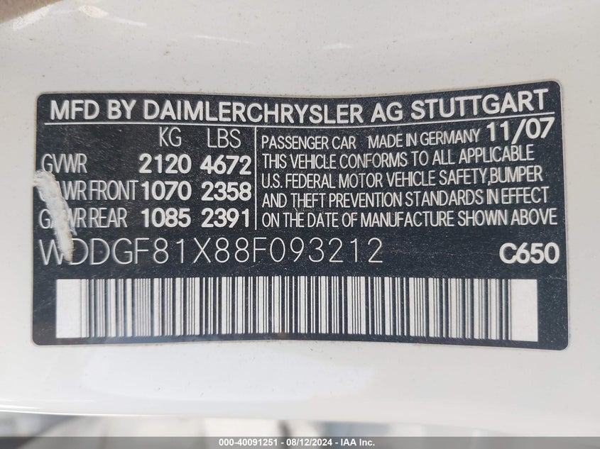 2008 Mercedes-Benz C 300 Luxury 4Matic/Sport 4Matic VIN: WDDGF81X88F093212 Lot: 40091251
