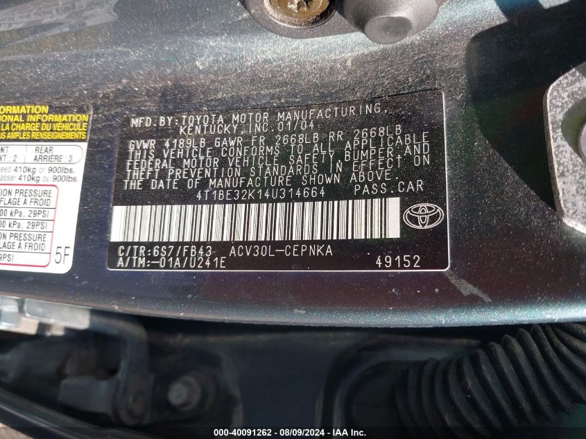 2004 Toyota Camry Le VIN: 4T1BE32K14U314664 Lot: 40091262