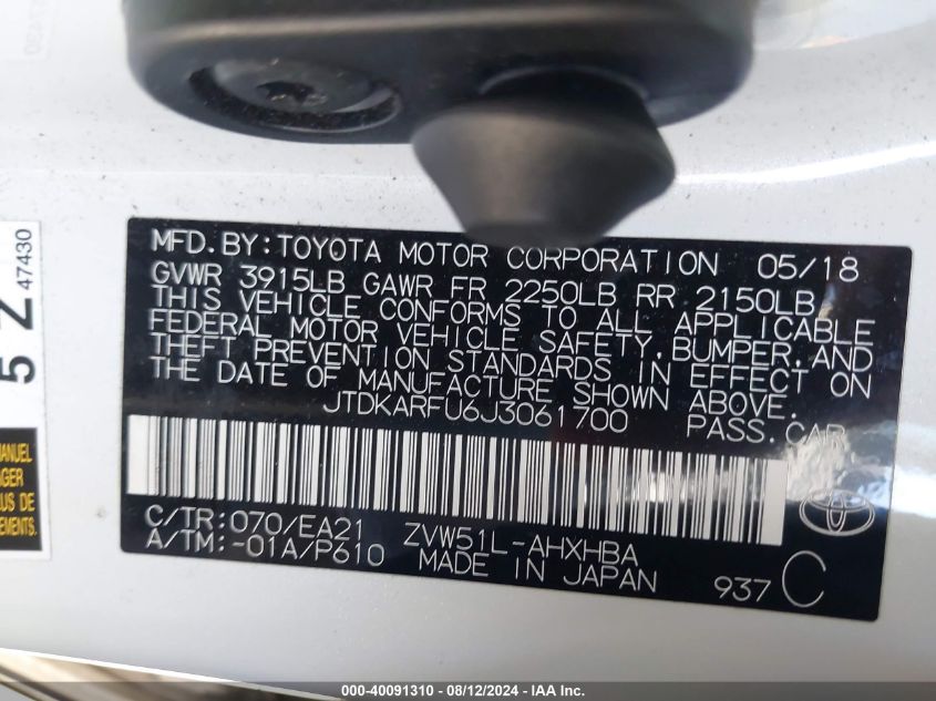 2018 Toyota Prius Three Touring VIN: JTDKARFU6J3061700 Lot: 40091310