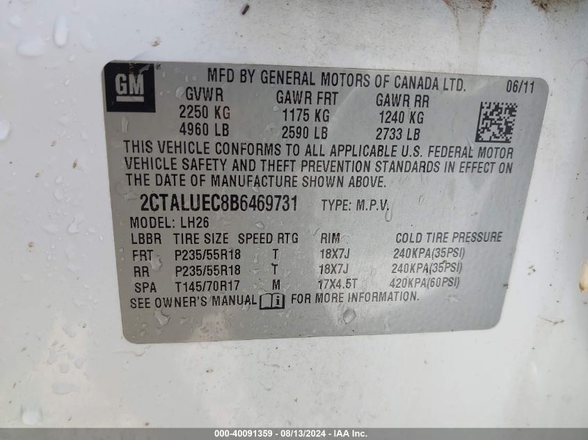 2011 GMC Terrain Slt VIN: 2CTALUEC8B6469731 Lot: 40091359