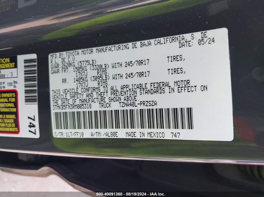 2024 Toyota Tacoma Sr5 VIN: 3TMKB5FN3RM005318 Lot: 40091360