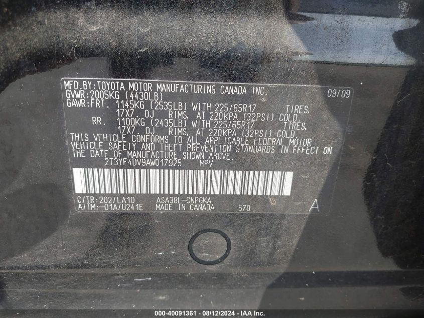 2010 Toyota Rav4 Limited VIN: 2T3YF4DV9AW017925 Lot: 40091361