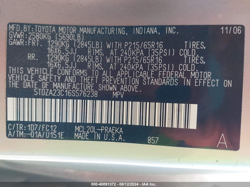 2006 Toyota Sienna Le VIN: 5TDZA23C16S576238 Lot: 40091372