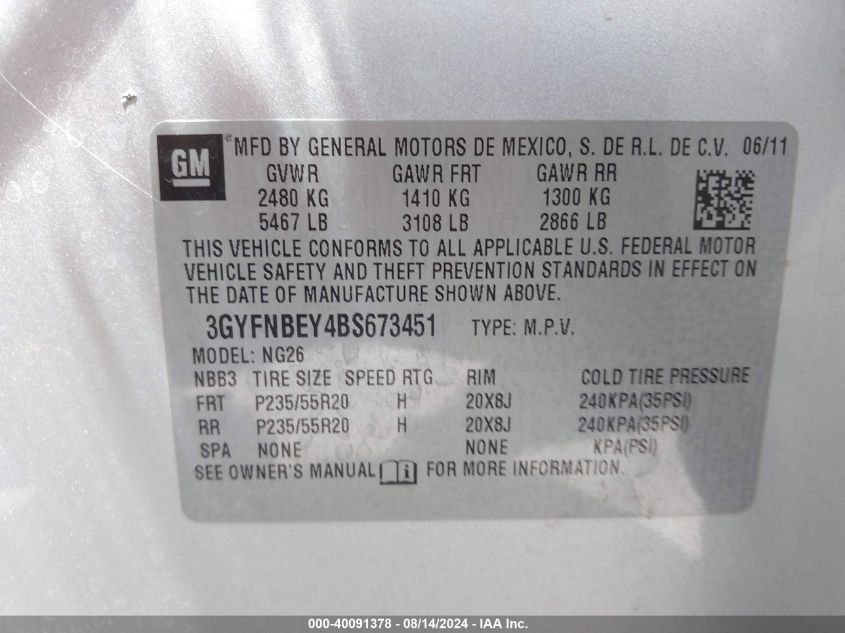 2011 Cadillac Srx Performance Collection VIN: 3GYFNBEY4BS673451 Lot: 40091378