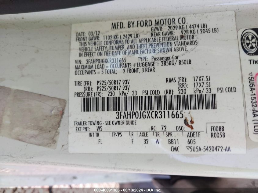 2012 Ford Fusion Sel VIN: 3FAHP0JGXCR311665 Lot: 40091385