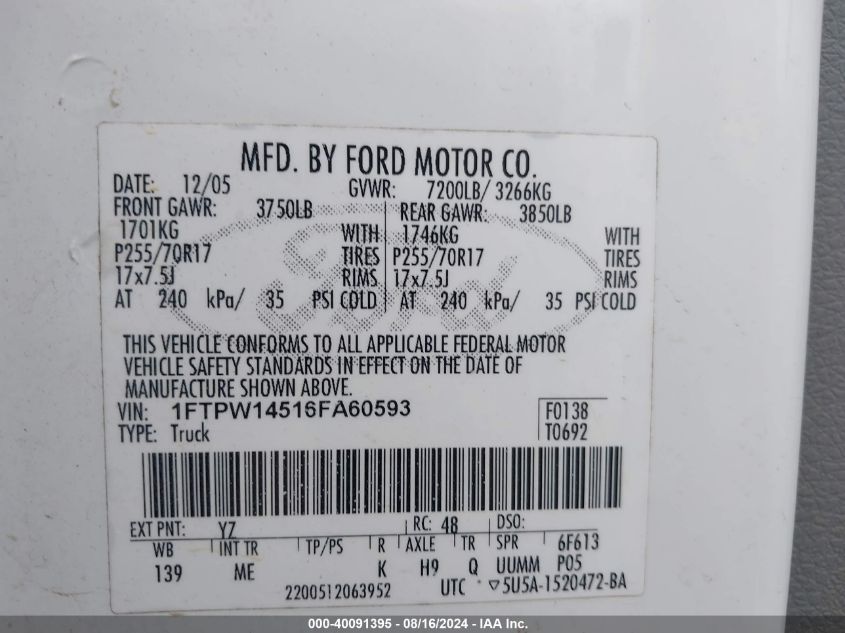 2006 Ford F-150 Fx4/Lariat/Xlt VIN: 1FTPW14516FA60593 Lot: 40091395