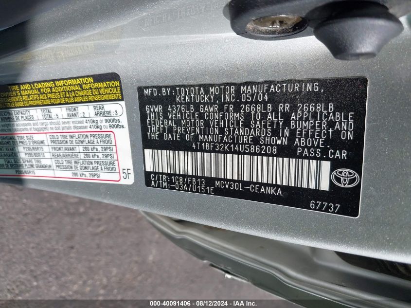 2004 Toyota Camry Le V6 VIN: 4T1BF32K14U586208 Lot: 40091406