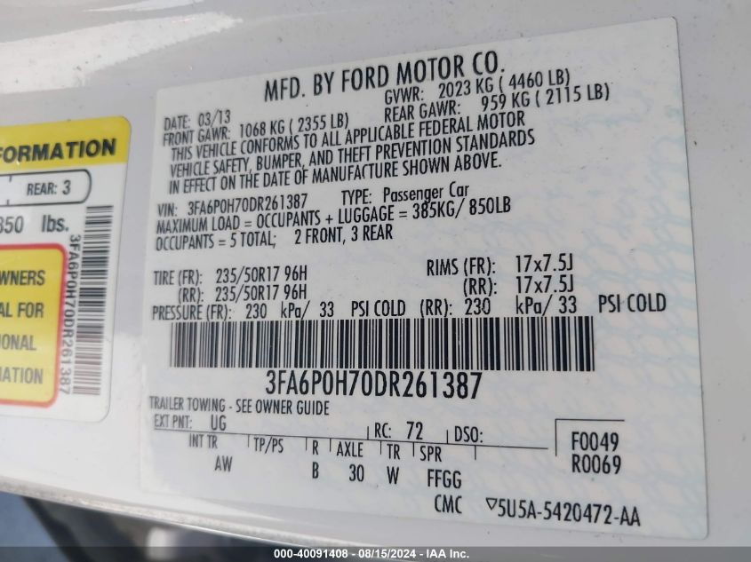 2013 Ford Fusion Se VIN: 3FA6P0H70DR261387 Lot: 40091408