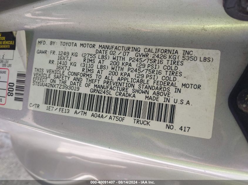 2007 Toyota Tacoma Base V6 VIN: 5TEUU42NX7Z393019 Lot: 40091407