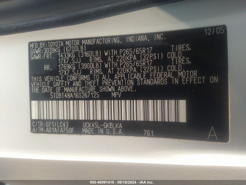 2006 Toyota Sequoia Limited V8 VIN: 5TDBT48A16S267125 Lot: 40091415