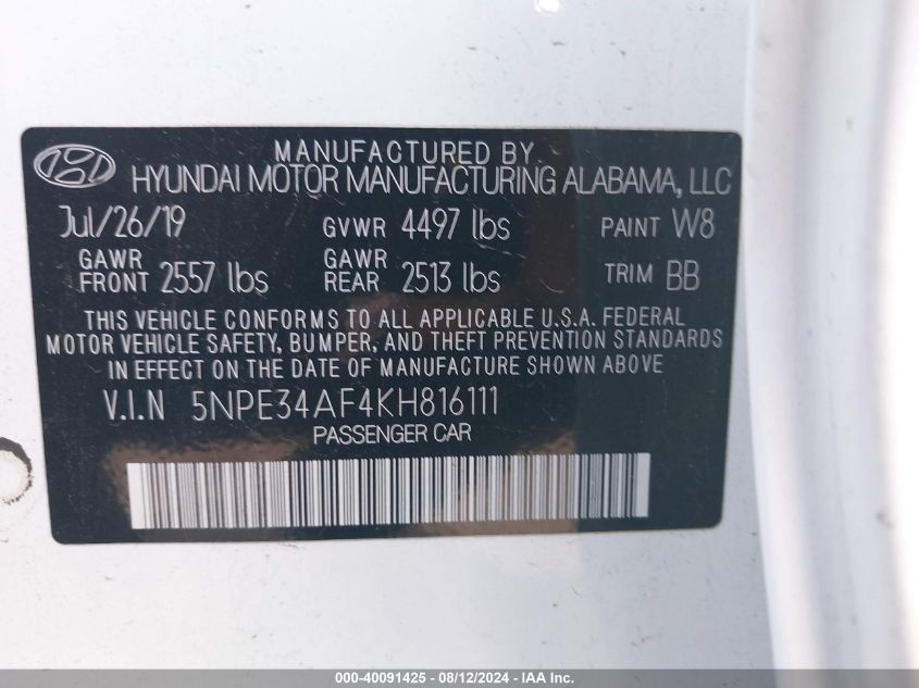 2019 HYUNDAI SONATA LIMITED - 5NPE34AF4KH816111