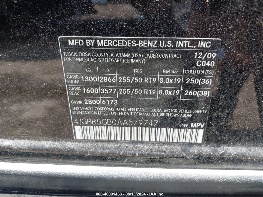 2010 Mercedes-Benz Ml 350 350 VIN: 4JGBB5GB0AA579747 Lot: 40091463