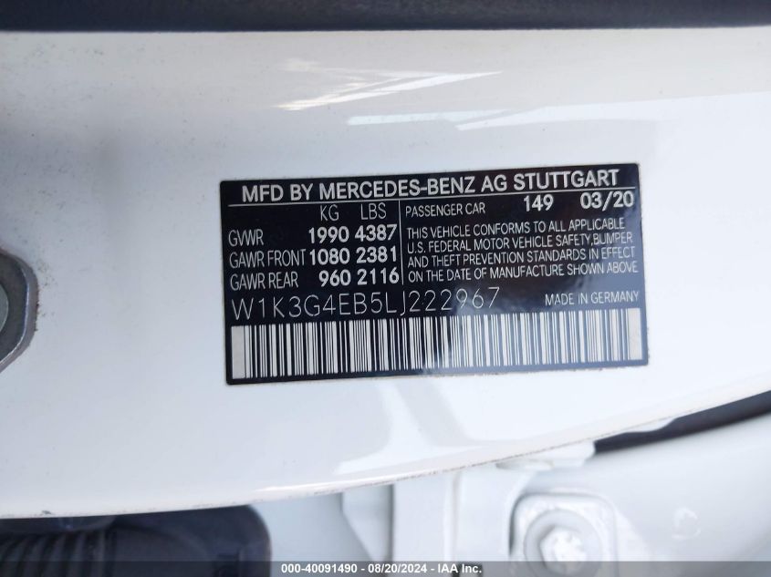 2020 Mercedes-Benz A 220 VIN: W1K3G4EB5LJ222967 Lot: 40091490