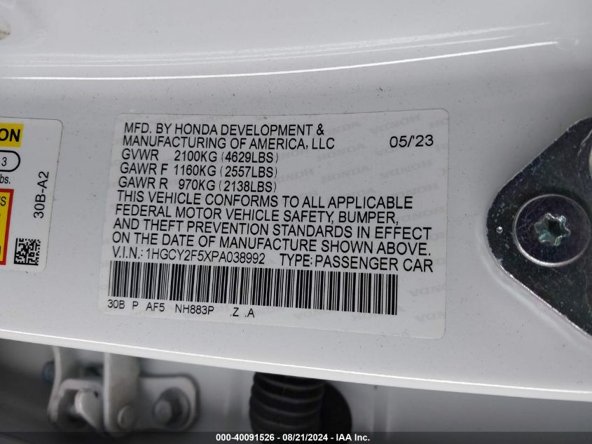 2023 Honda Accord Hyb Hybrid Sport VIN: 1HGCY2F5XPA038992 Lot: 40091526