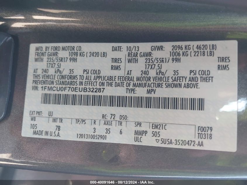 2014 Ford Escape S VIN: 1FMCU0F70EUB32287 Lot: 40091646