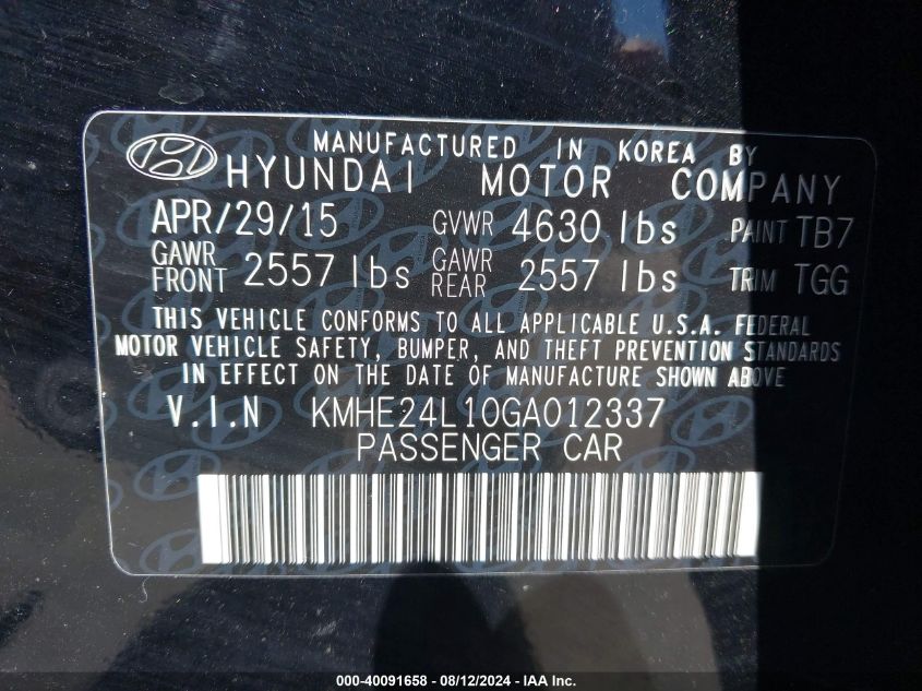 2016 Hyundai Sonata Hybrid Se VIN: KMHE24L10GA012337 Lot: 40091658