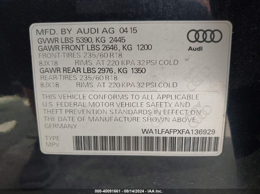 WA1LFAFPXFA136929 2015 Audi Q5 2.0T Premium