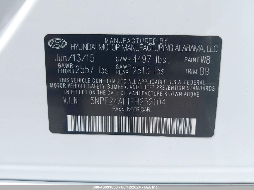 2015 Hyundai Sonata Se VIN: 5NPE24AF1FH252104 Lot: 40091668