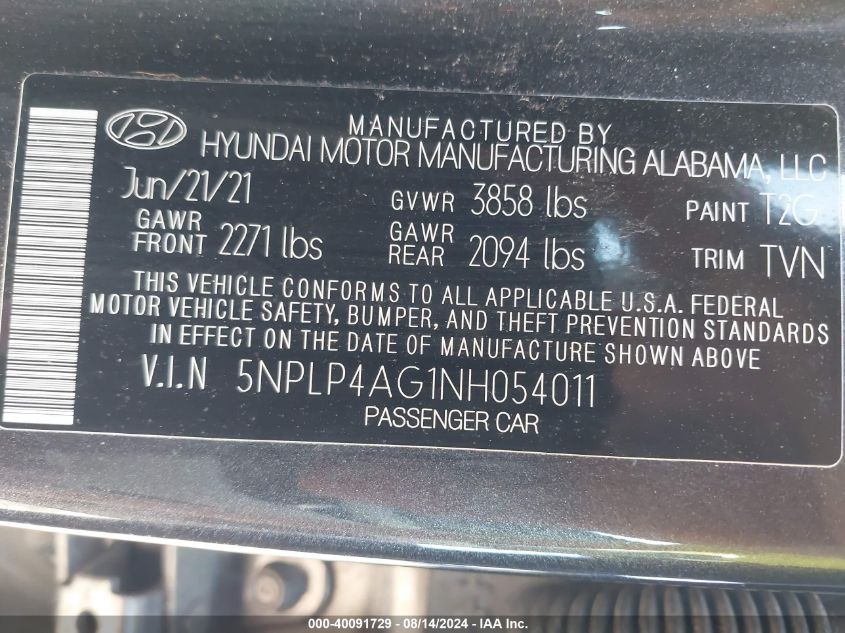 2022 Hyundai Elantra Limited VIN: 5NPLP4AG1NH054011 Lot: 40091729