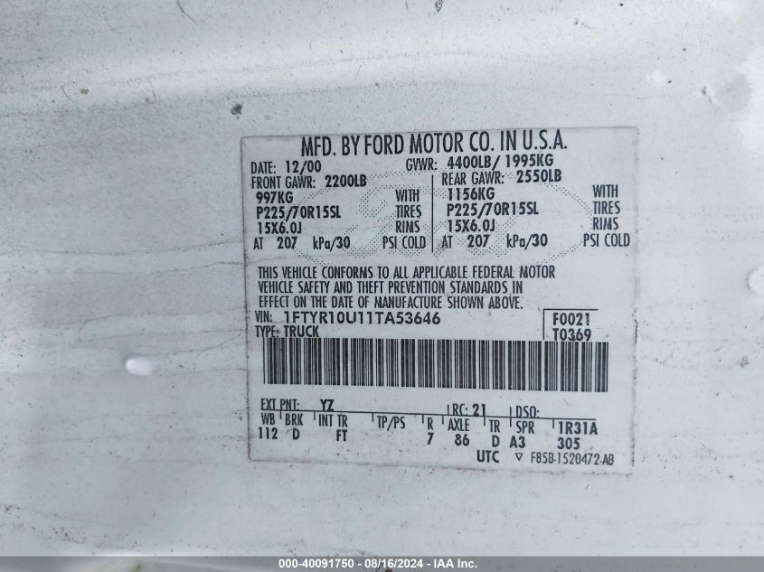 2001 Ford Ranger VIN: 1FTYR10U11TA53646 Lot: 40091750