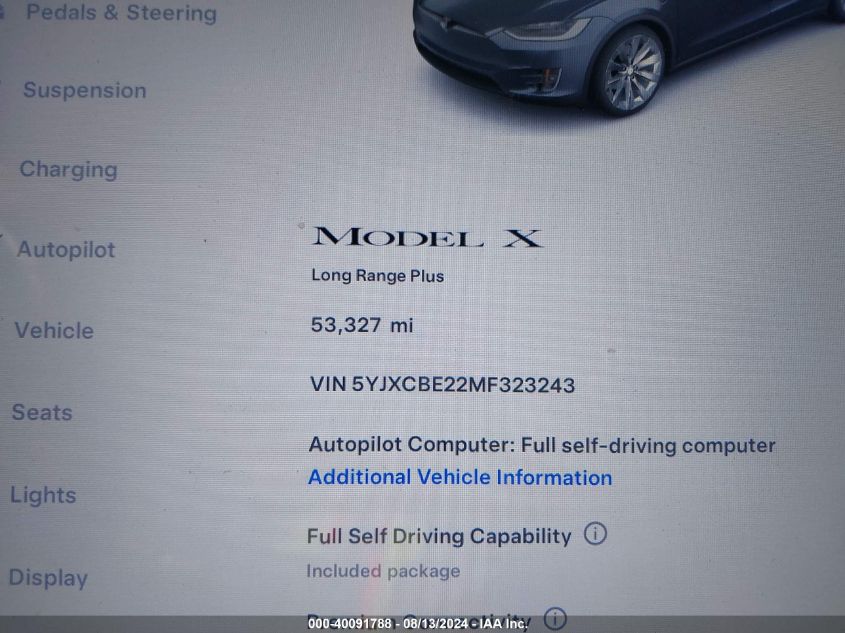 2021 Tesla Model X Long Range Dual Motor All-Wheel Drive/Long Range Plus Dual Motor All-Wheel Drive VIN: 5YJXCBE22MF323243 Lot: 40091788