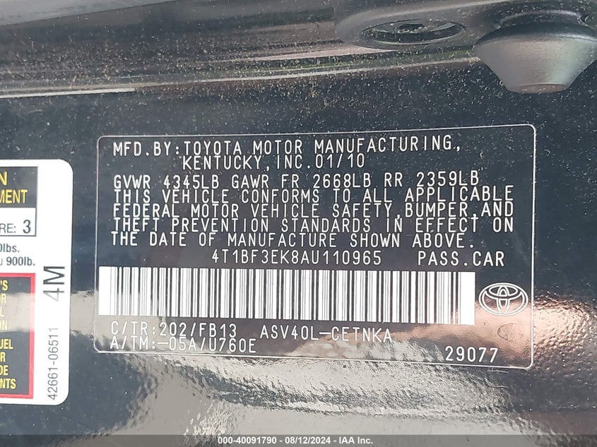 2010 Toyota Camry Le VIN: 4T1BF3EK8AU110965 Lot: 40091790