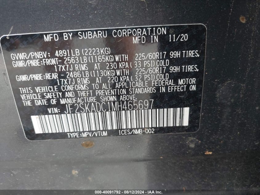 2021 Subaru Forester VIN: JF2SKADC1MH465697 Lot: 40091792