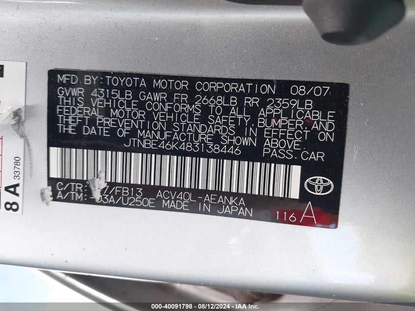 2008 Toyota Camry Le/Se/Xle VIN: JTNBE46K483138446 Lot: 40091798
