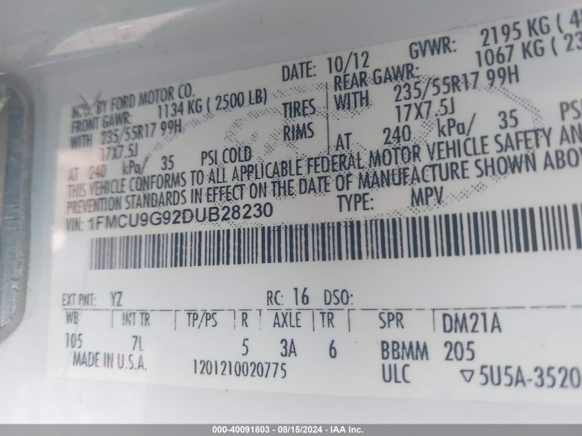 2013 Ford Escape Se VIN: 1FMCU9G92DUB28230 Lot: 40091803