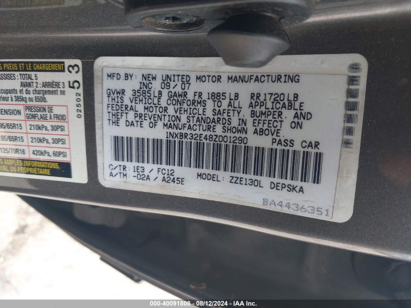 2008 Toyota Corolla S VIN: 1NXBR32E48Z001290 Lot: 40091808