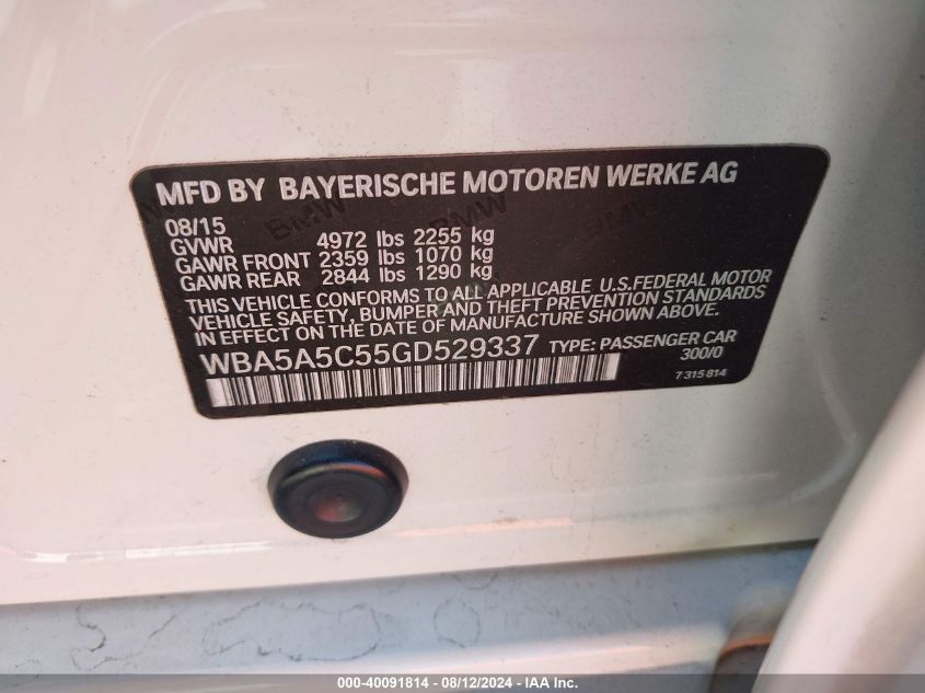 2016 BMW 528I VIN: WBA5A5C55GD529337 Lot: 40091814