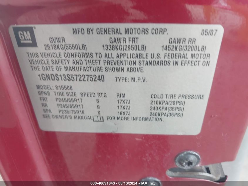 2007 Chevrolet Trailblazer Ls VIN: 1GNDS13S572275240 Lot: 40091843