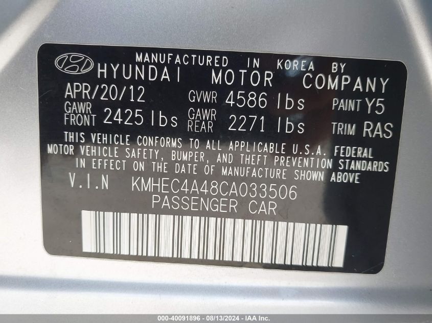 2012 Hyundai Sonata Hybrid VIN: KMHEC4A48CA033506 Lot: 40091896