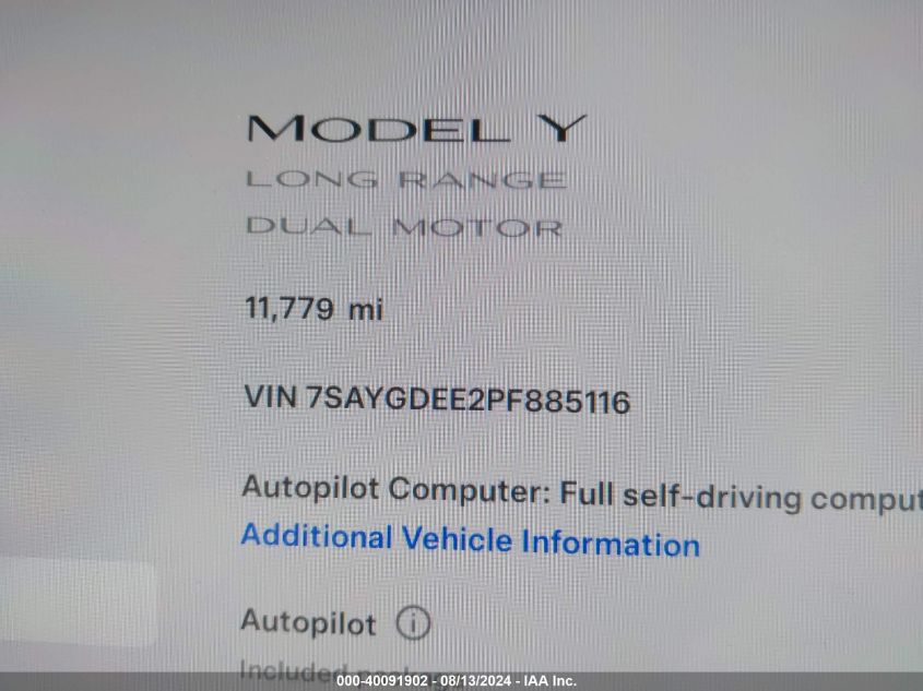 2023 Tesla Model Y VIN: 7SAYGDEE2PF885116 Lot: 40091902