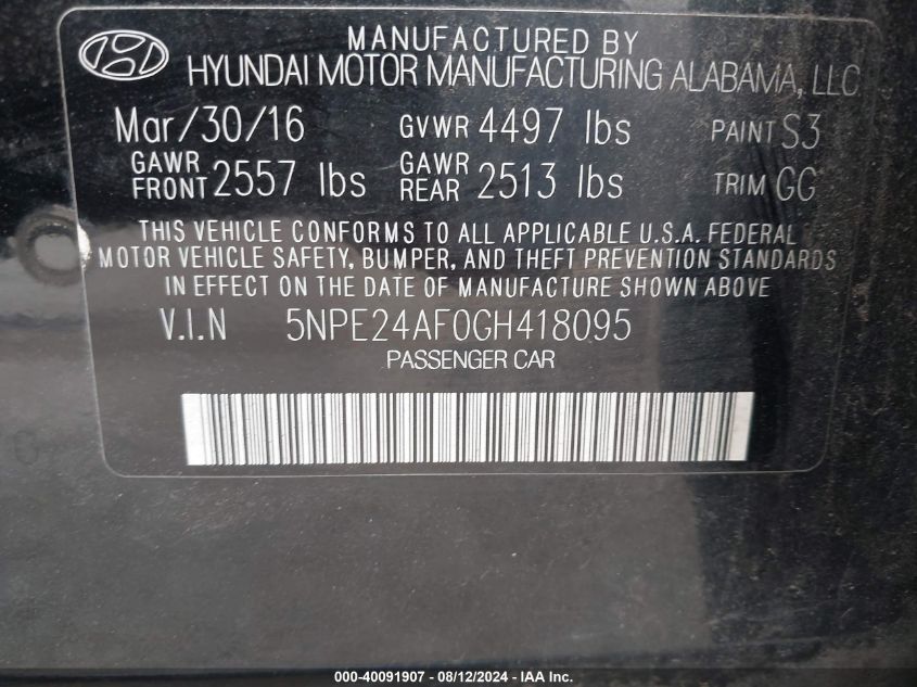 2016 Hyundai Sonata VIN: 5NPE24AF0GH418095 Lot: 40091907